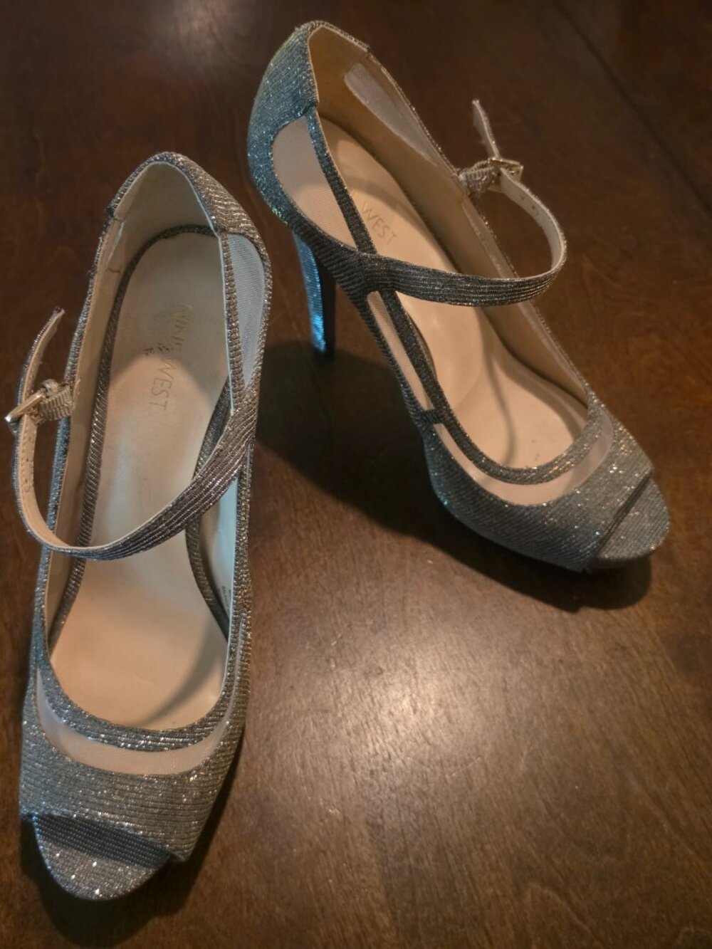 Nine West Silver Glitter Peep‑Toe Heels — Size 9
